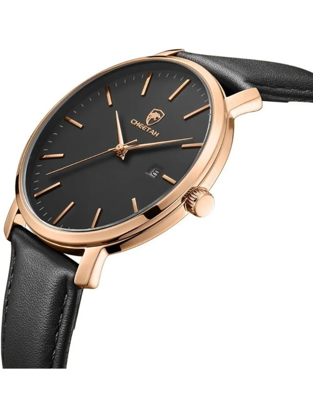 Men's  Rose/ Gold /Black Leather Strap Minimalist Waterproof Quartz Wrist Watch